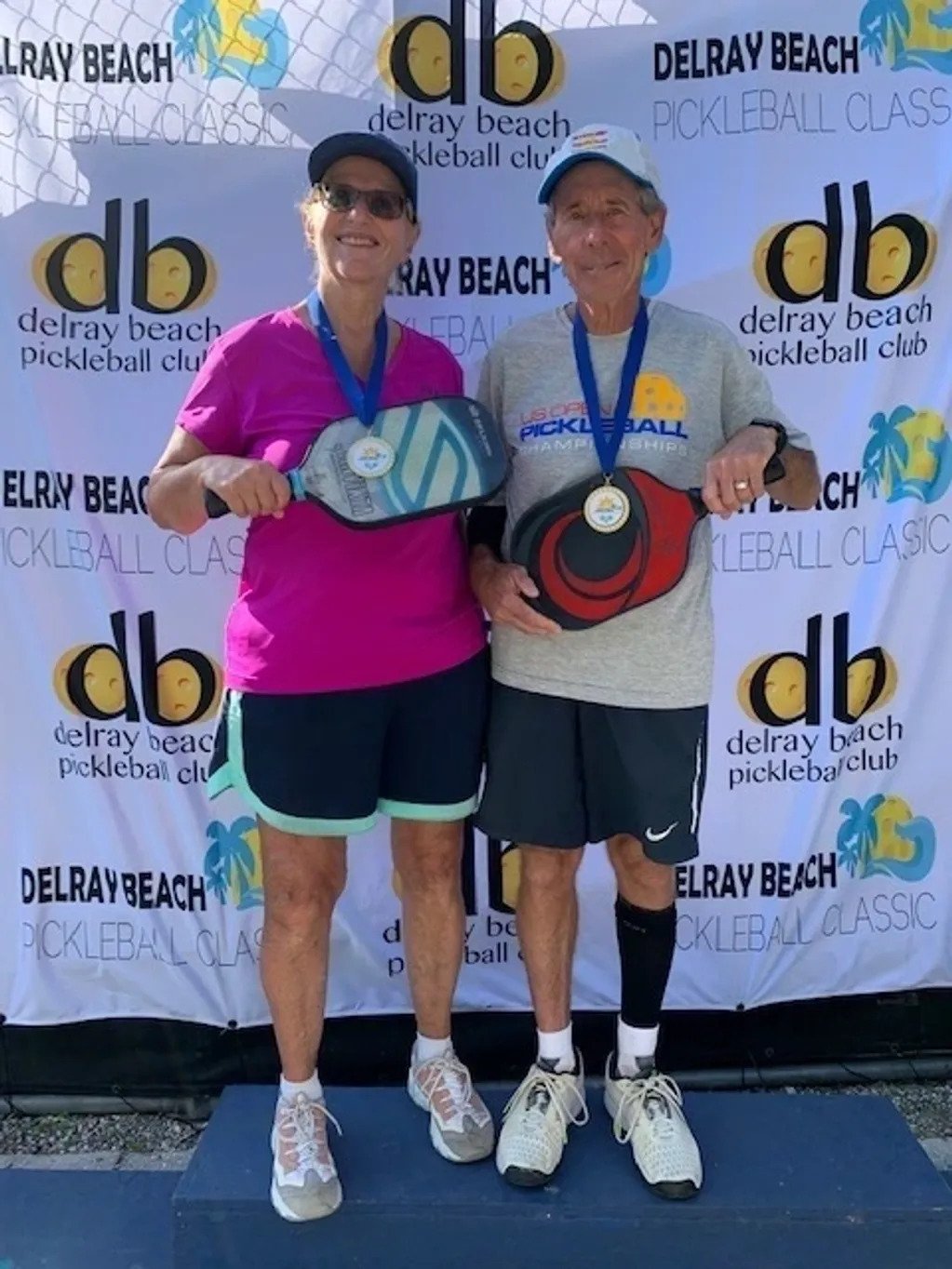 Bob Savar and Chris Jackson, winners of the mixed doubles, ages 65-69, at the Delray Beach Pickleball Classic in 2019