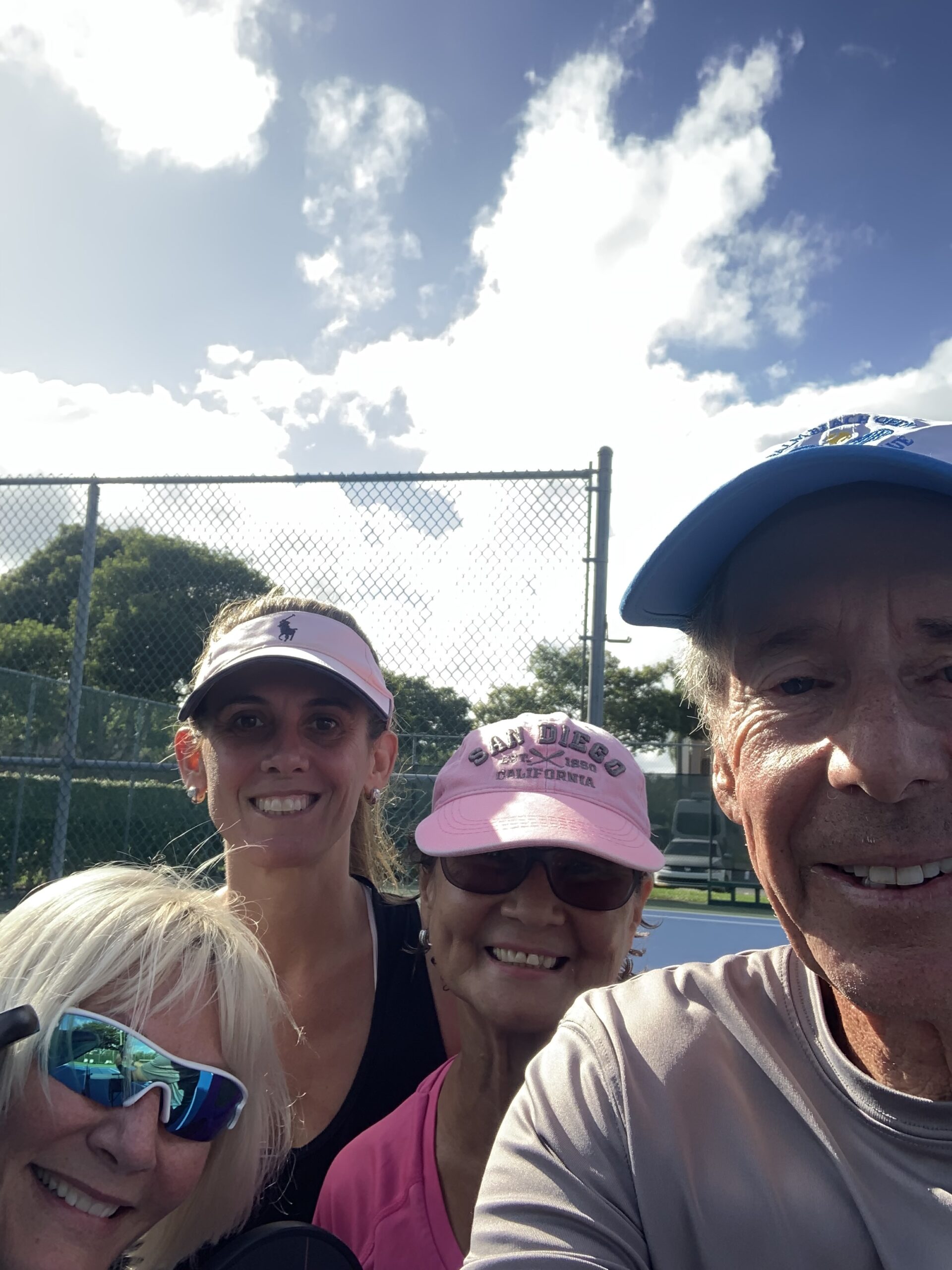 Bob teaching an advanced beginners pickleball clinic with Beth, Marie, and Jackie in Delray Beach, FL