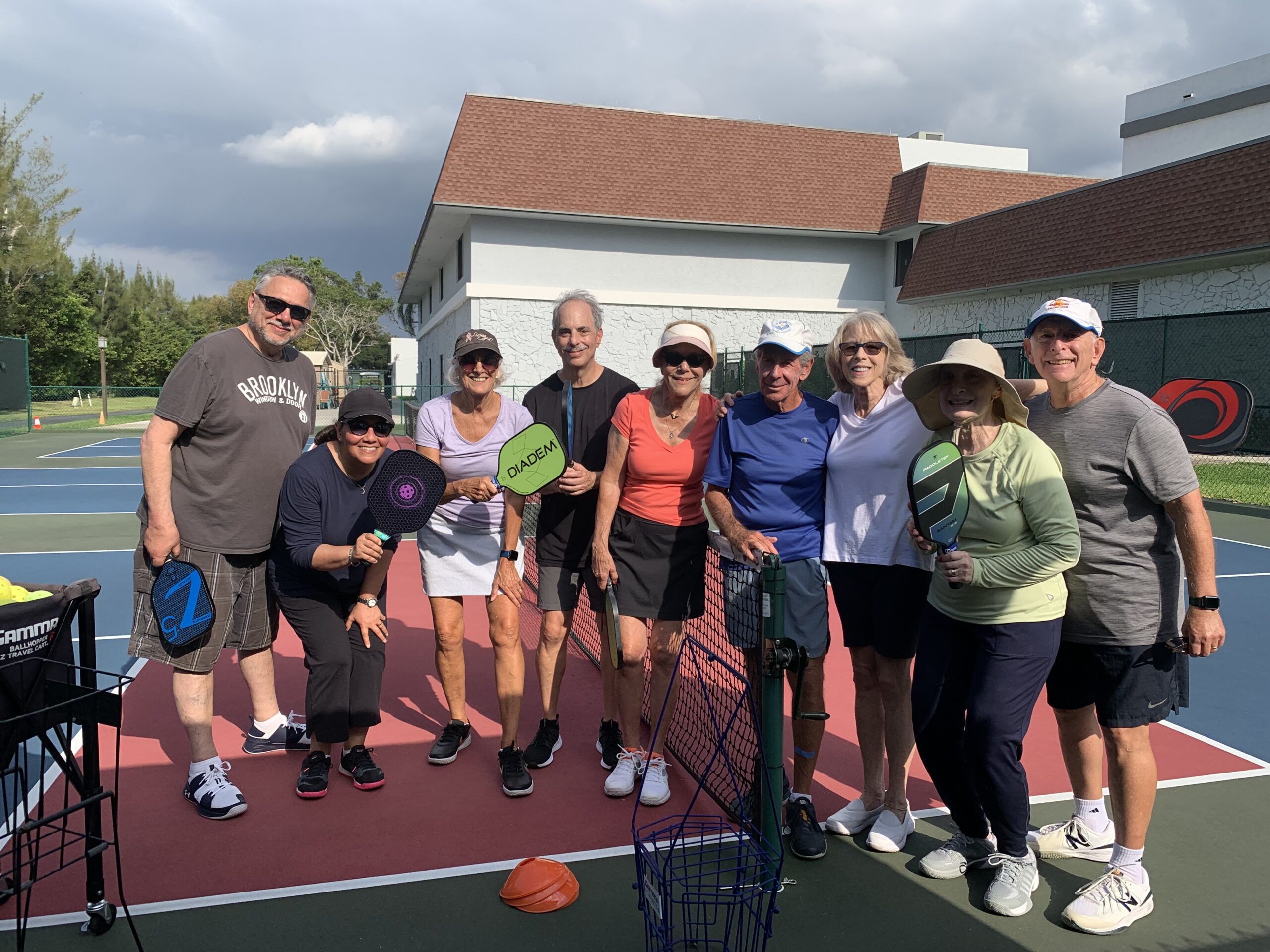 Bob teaching pickleball to a group of newbies at Huntington Lakes in Delray Beach, FL