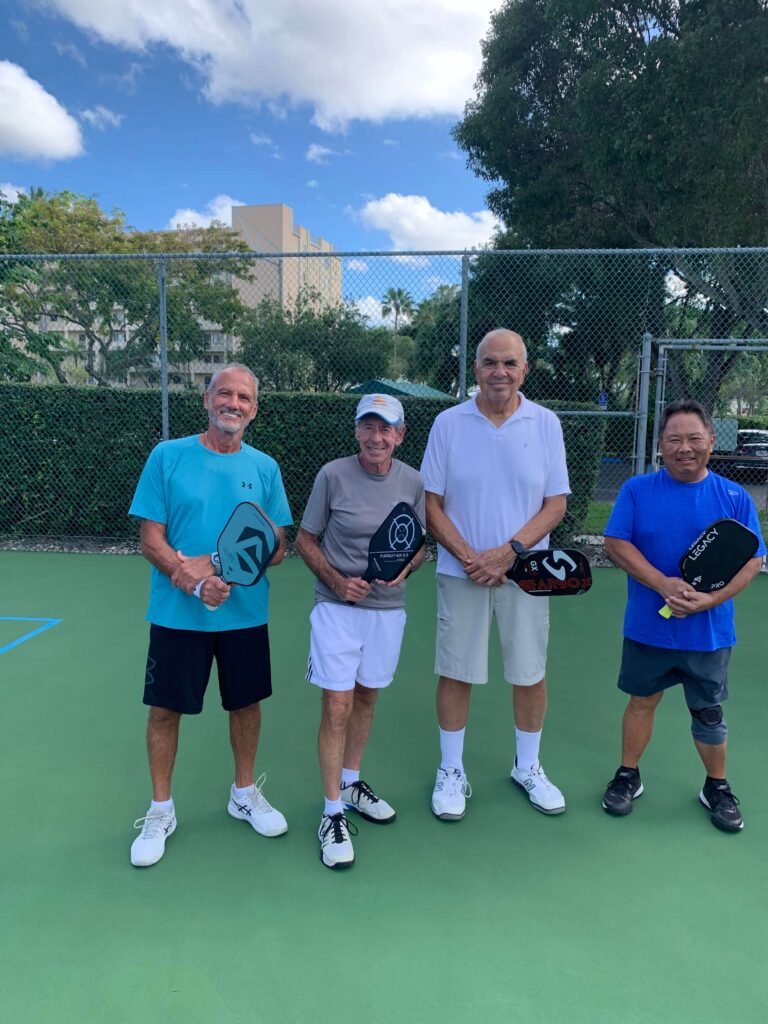 Bob Teaching an Intermediate Pickleball Clinic in Delray Beach at Huntington Lakes With Jimmy, Haim, and John.
