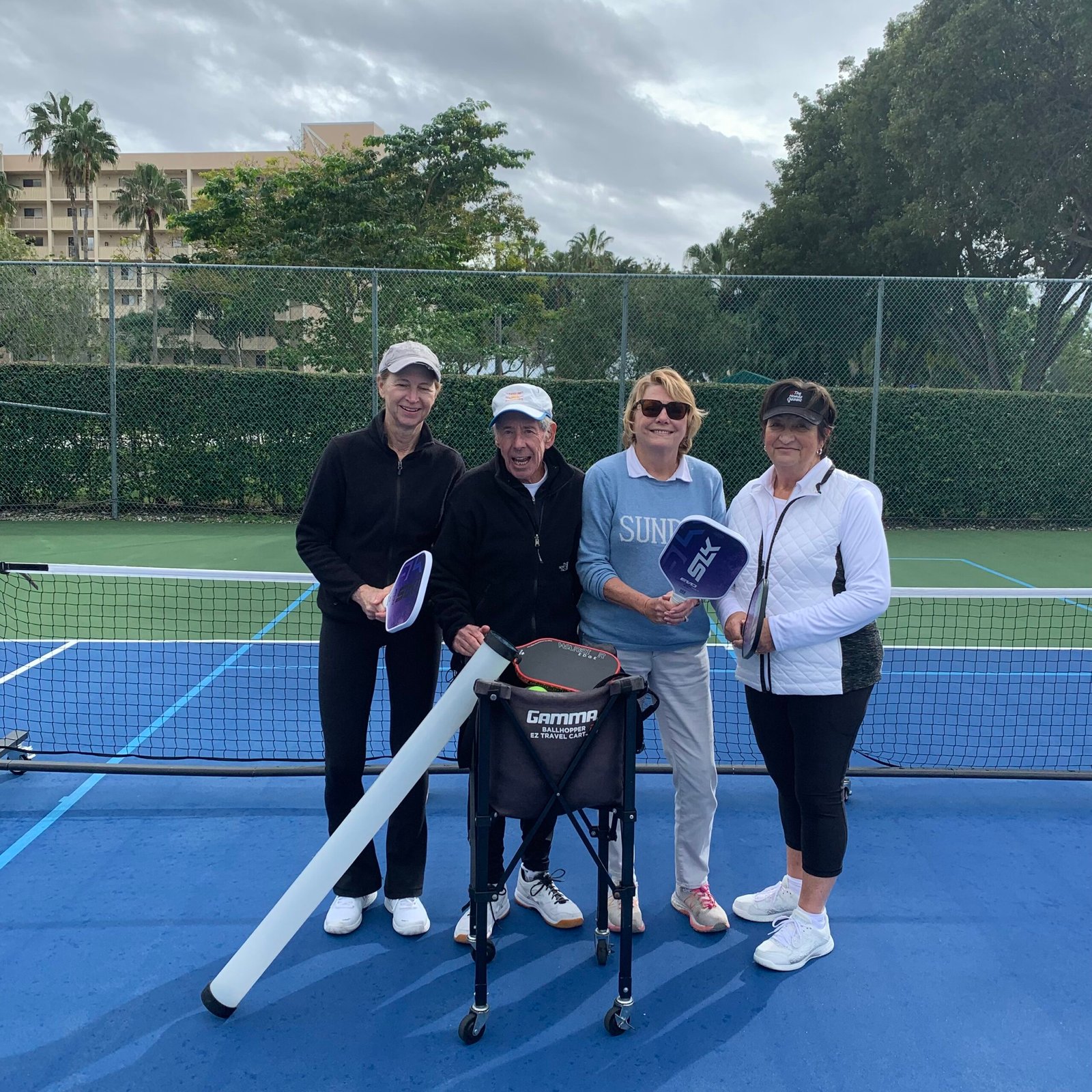 Brenda, Eileen, and Sallie with Bob in an Advanced Beginners Pickleball Clinic in Delray Beach, FL