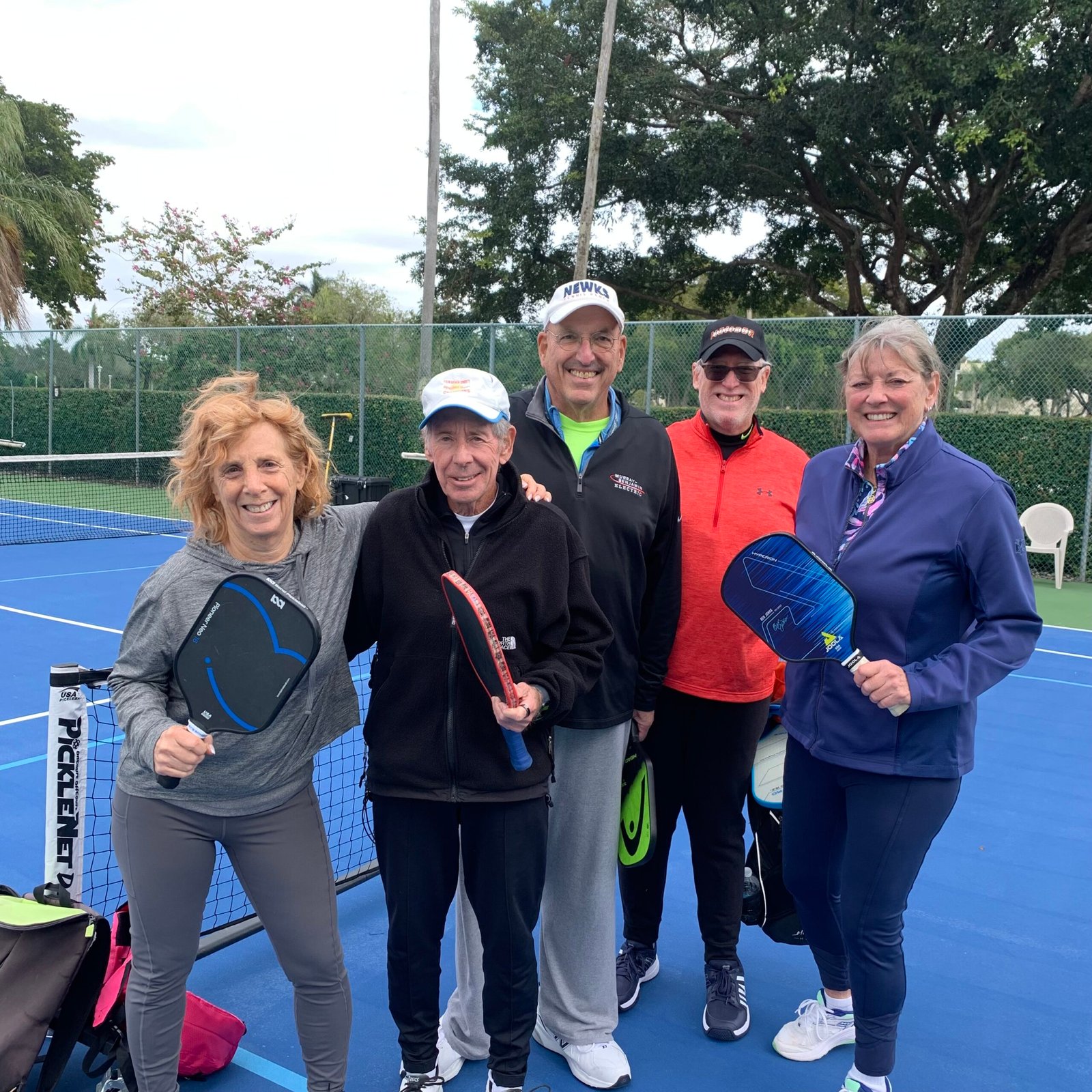 Ellen, Mindy, Nancy, Ed, and Steven with Bob in an Advanced Beginners Pickleball Clinic in Delray Beach, FL