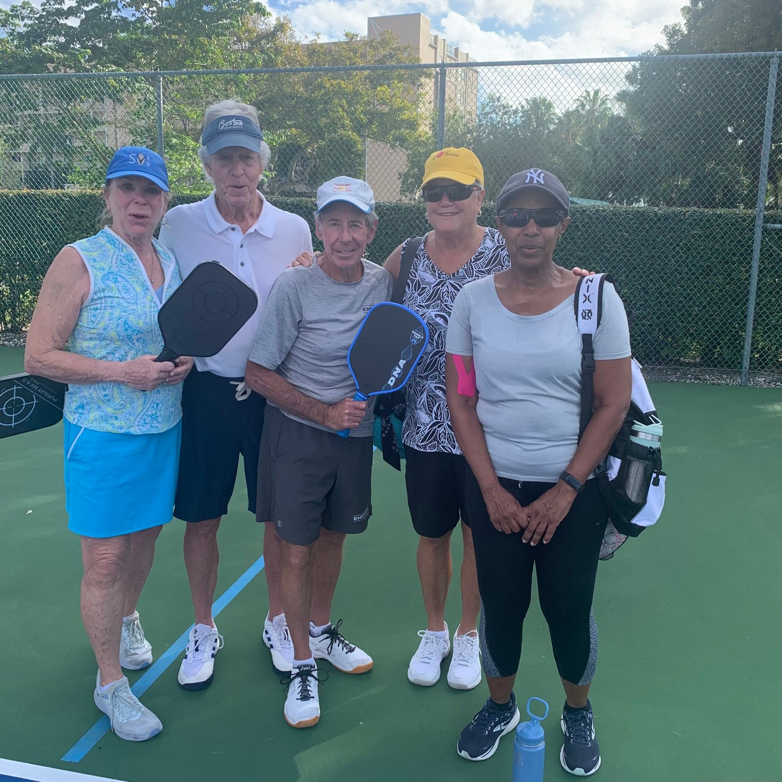 Bob Savar with Susan and Frank Spingler, Linda, and Marian after an Intermediate Pickleball Clinic in Delray Beach, Florida.