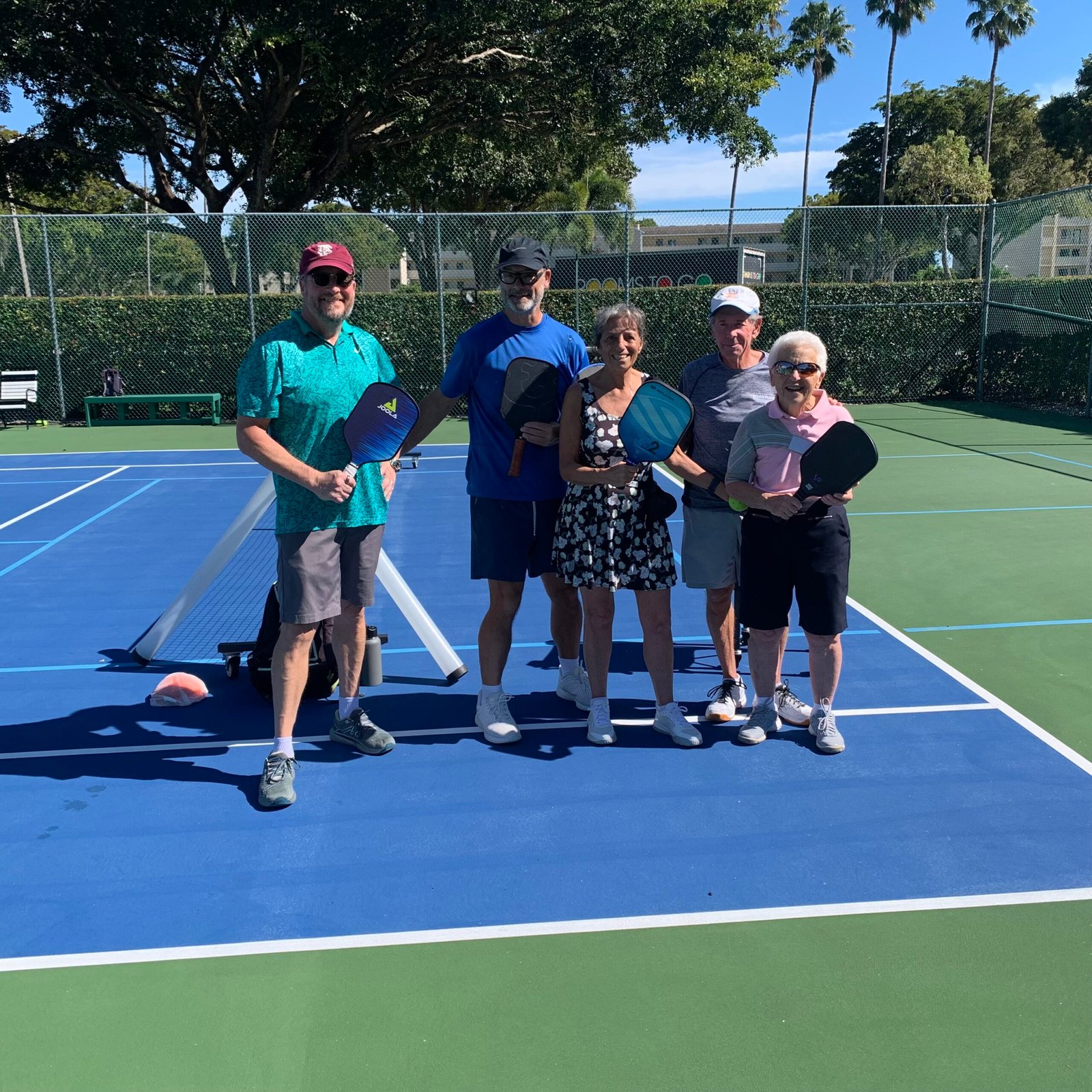 Bob with Seth, Gigi, Rob, and Lou after an Intermediate Pickleball Clinic in Delray Beach, Florida