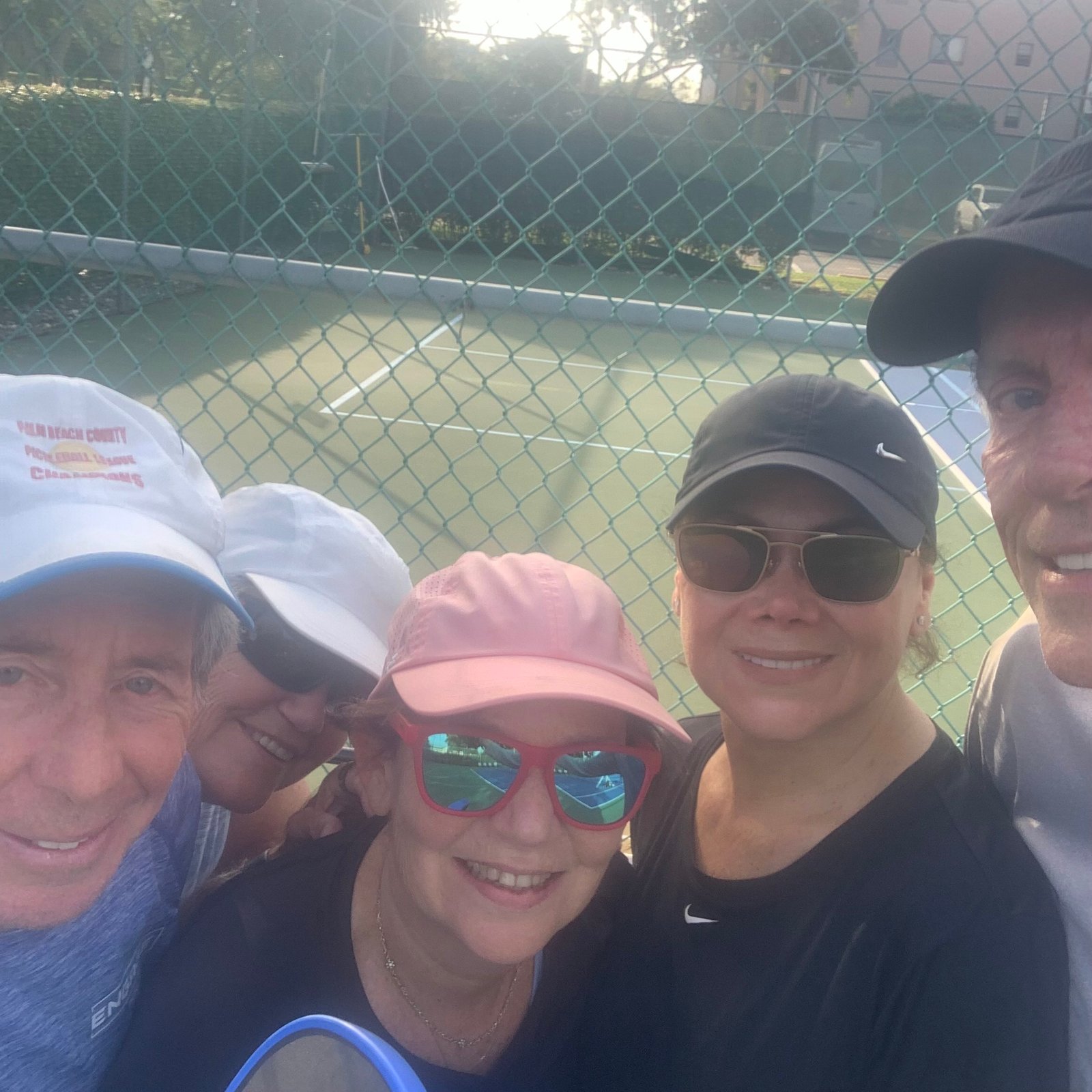 Bob with Mark, Alicia, Barb, and Marian after an Intermediate Pickleball Clinic in Delray Beach, Florida