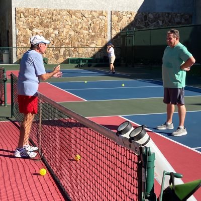 Bob teaching David about pickleball at a private lesson in Delray Beach, FL