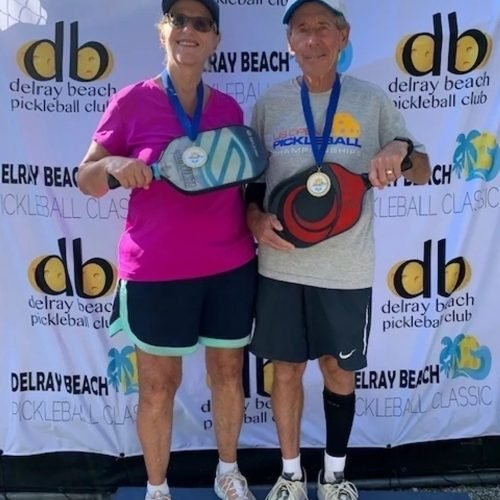 Bob Savar and Chris Jackson, winners of the mixed doubles, ages 65-69, at the Delray Beach Pickleball Classic in 2019